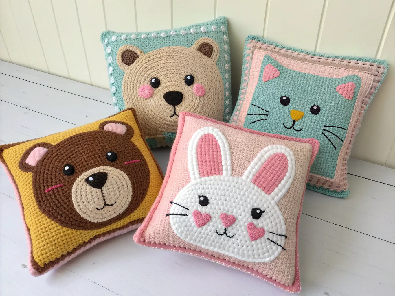 Set med stickade barnkuddar i djurmotiv
